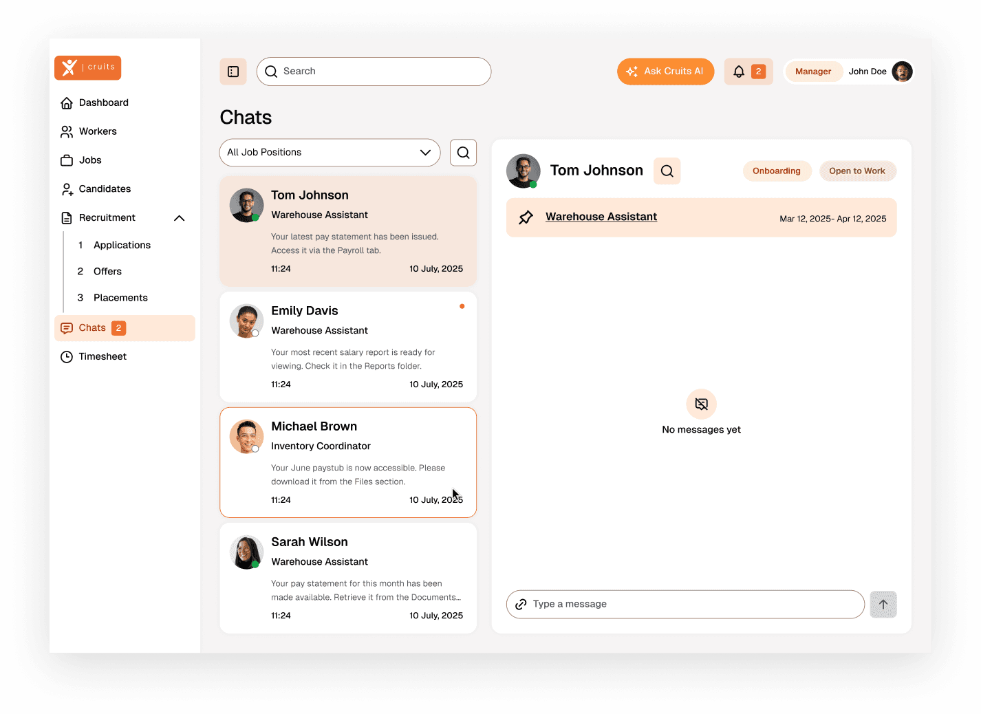 Cruits messaging interface
