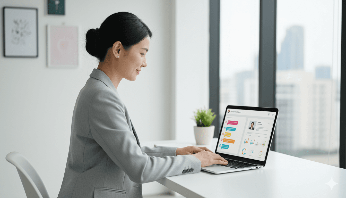 Recruiter in an office environment reviewing candidates and chat